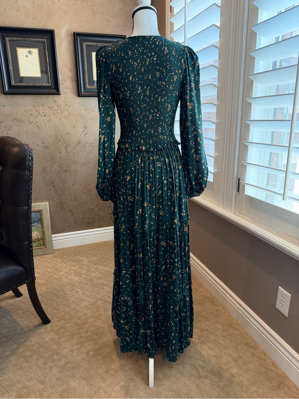 Easel Long Sleeve Tiered Maxi Dress Green with Floral Accents Size Small - Picture 15 of 17